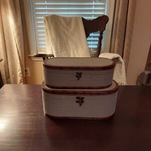 Y2k Tweed Decorative Storage Boxes - Set 2 Grey Brass Latched Leather Trim NWOT